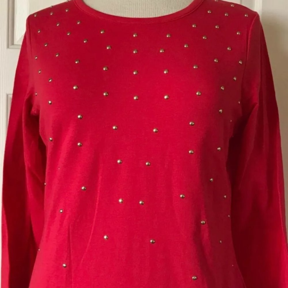 Michael Kors MK Big Gold Stud Logo 3/4 Sleeve Studded T-Shirt Top True Red M
